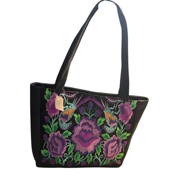 NEW Tote Bag Black Canvas Embroidered Floral Birds Purple Green Teal Zippered - Picture 3 of 16